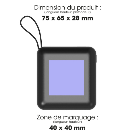 Batterie de secours noire vue de face avec sa dragonne. Une zone carrée de marquage est matérialisée au centre de la face princi