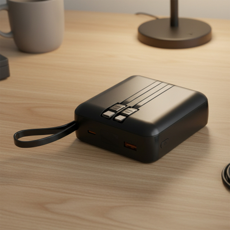 Batterie de secours noire posée sur un bureau, avec sa dragonne et ses deux connecteurs intégrés rangés sur la face supérieure. 