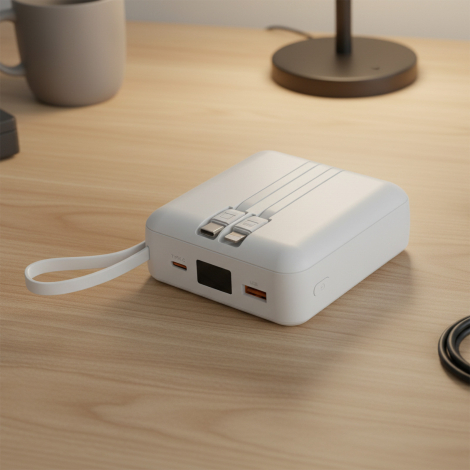 Batterie posée sur un bureau avec ses ports visibles.