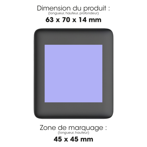 Batterie de secours noire vue de face. Une zone carrée de marquage est matérialisée au centre de la face principale. Dimensions 