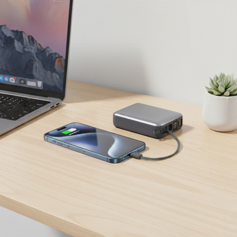 Batterie rechargeant un smartphone par câble intégré.