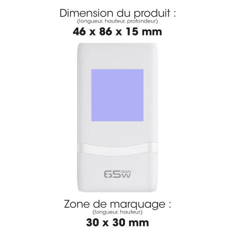 Vue de face du chargeur indiquant ses dimensions de 46 × 86 × 15 mm et une zone de marquage carrée de 30 × 30 mm sur la partie s