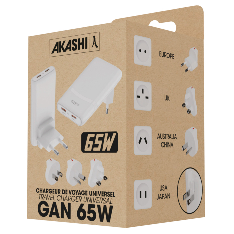 Présentation du chargeur universel GaN 65 W dans son emballage, avec les différents adaptateurs de prise pour l’Europe, le Royau