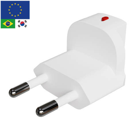Adaptateur de prise à deux broches rondes, destiné notamment aux prises européennes, avec bouton rouge de verrouillage/déverroui