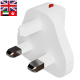Adaptateur de prise à trois broches rectangulaires, destiné notamment au Royaume-Uni, avec bouton rouge de verrouillage/déverrou