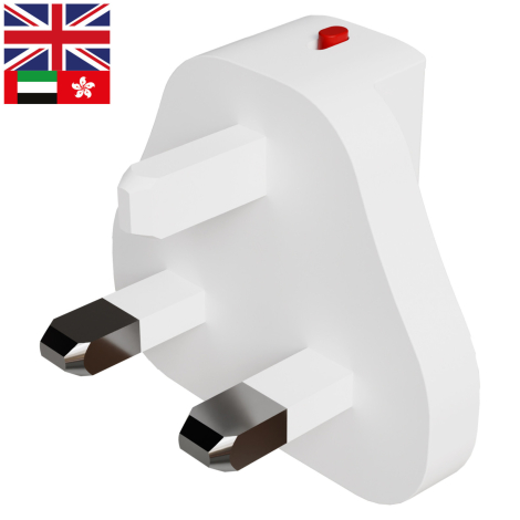 Adaptateur de prise à trois broches rectangulaires, destiné notamment au Royaume-Uni, avec bouton rouge de verrouillage/déverrou