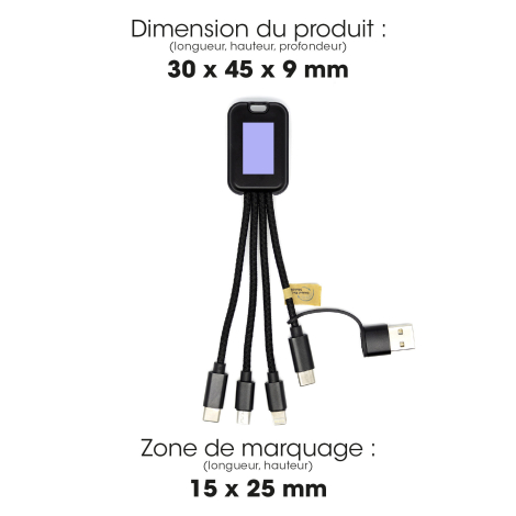 Vue du câble avec indication des dimensions du boîtier central et de la zone de marquage située sur sa face avant.