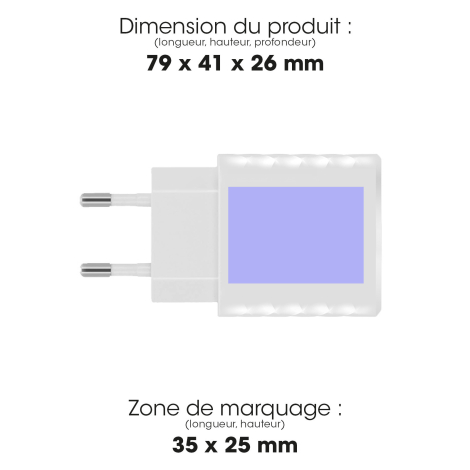Schéma du chargeur secteur blanc vu de côté, avec deux broches métalliques et une zone rectangulaire de marquage matérialisée su