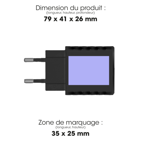 Chargeur noir avec dimensions et zone de marquage.
