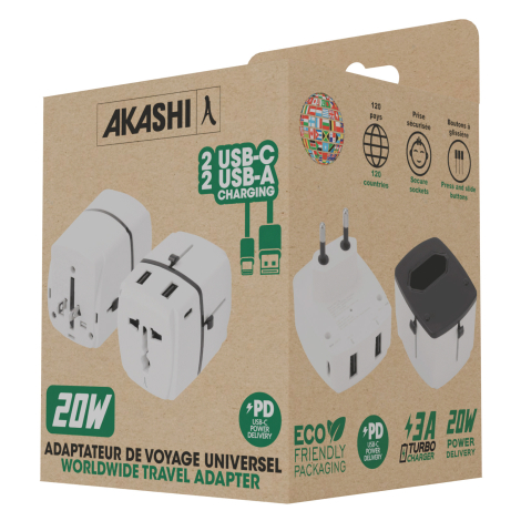 Packaging de l’adaptateur universel 20 W.