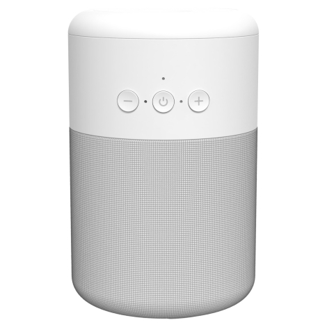 Enceinte avec grille textile et commandes frontales.