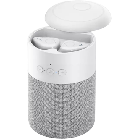 Écouteurs rangés dans l’enceinte ouverte.