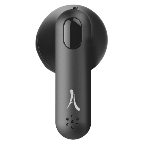 Écouteur noir avec commande tactile et microphone.