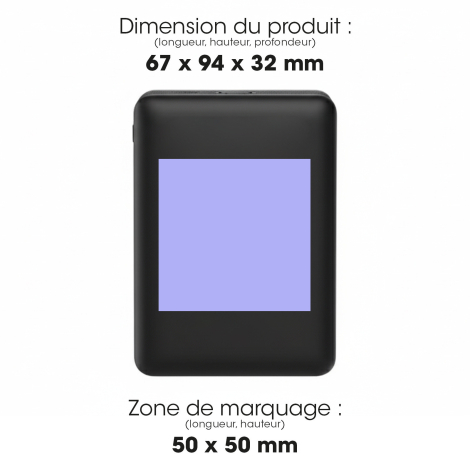 Batterie externe avec dimensions et zone de marquage.