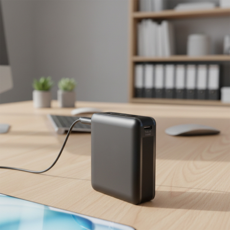Batterie externe utilisée sur un bureau.