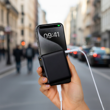 Batterie externe utilisée avec un smartphone en mobilité.