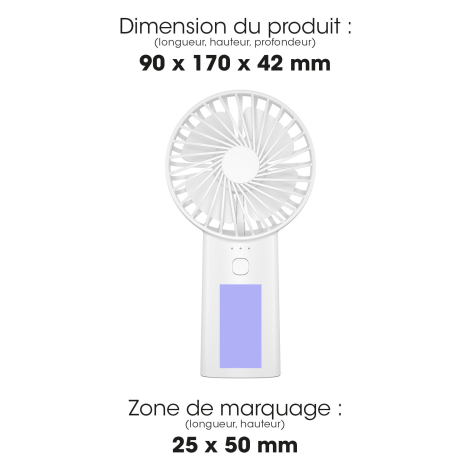 Vue de face du ventilateur indiquant ses dimensions de 90 x 170 x 42 mm et une zone de marquage de 25 x 50 mm sur la partie infé