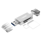 Lecteur de cartes SD et micro SD gris métallisé présenté avec ses connecteurs USB-A et USB-C visibles, deux capuchons transparen Lecteur de cartes SD et micro SD gris métallisé présenté avec ses connecteurs USB-A et USB-C visibles, deux capuchons transparen