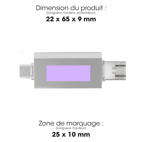 Lecteur de cartes gris métallisé présenté à plat avec ses connecteurs USB-A et USB-C déployés. Une zone rectangulaire de marquag