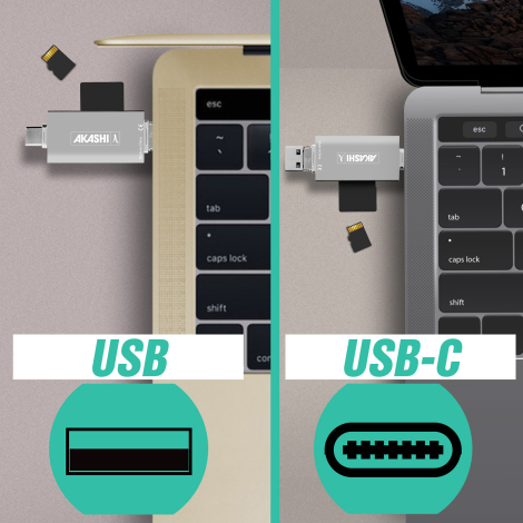 Visuel comparatif montrant le lecteur de cartes connecté à deux ordinateurs portables, respectivement via USB et USB-C. Marquage