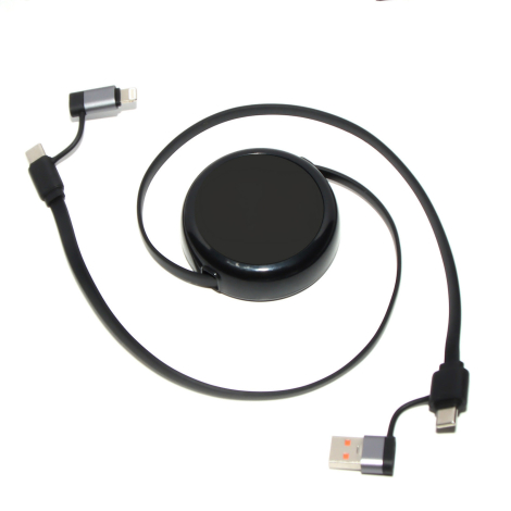 Câble dérouleur avec connecteurs USB-C, USB-A et Lightning.