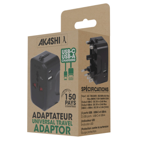 Packaging de l’adaptateur universel de voyage.
