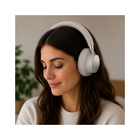 Femme portant le casque en intérieur.