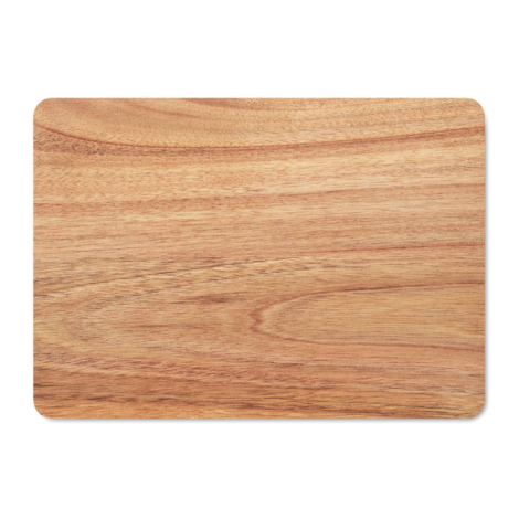 Dessous du plateau rectangulaire en bois aux angles arrondis, entièrement plat et marqué par les variations naturelles de son ve