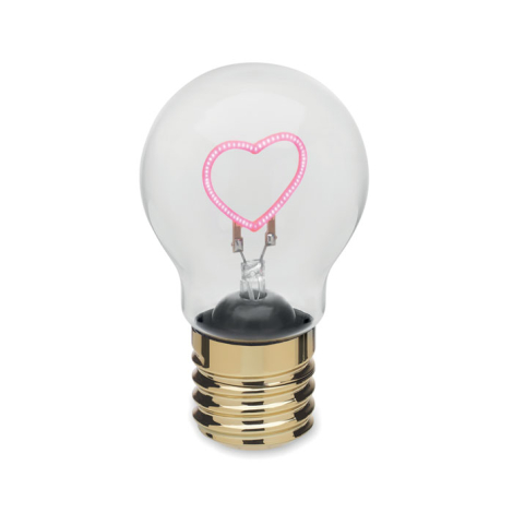 Ampoule décorative allumée sur fond blanc, avec filament en forme de cœur éclairé en rose et visible à travers le globe transpar