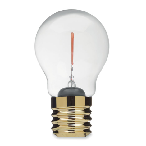 Vue latérale de l’ampoule éteinte, le filament apparaissant de profil comme une ligne verticale orange à l’intérieur du globe tr