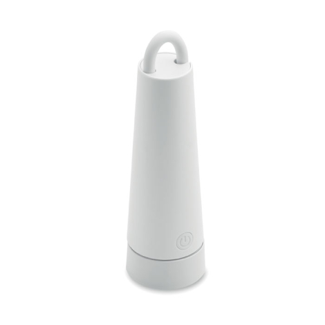 La lampe est repliée en position verticale compacte, le bras flexible formant une boucle au sommet et le bouton d’alimentation a