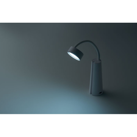 La lampe de bureau est allumée dans une ambiance sombre, son bras flexible orientant la tête lumineuse vers la surface placée de