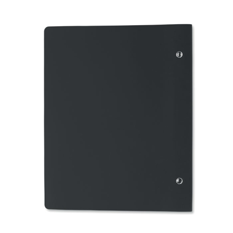 Dos du cahier fermé, entièrement noir, avec deux petits éléments métalliques apparents près du bord droit.