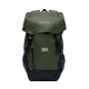 Sac à dos vert kaki et noir vu de face, avec grand rabat supérieur, deux sangles à boucles, poche frontale zippée, poches latéra