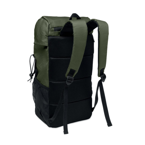 Dos du sac à dos vert kaki avec deux bretelles réglables et larges zones rembourrées en maille noire, ainsi qu’une poignée de tr