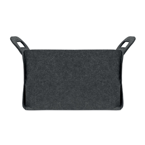 Dessous du panier en feutre gris foncé, de forme rectangulaire, avec les deux poignées visibles de part et d’autre.
