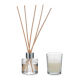 Set parfumé composé d’un diffuseur en verre transparent avec cinq bâtonnets en bois et d’une bougie blanche dans un petit verre Set parfumé composé d’un diffuseur en verre transparent avec cinq bâtonnets en bois et d’une bougie blanche dans un petit verre