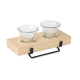 Porte-bougies composé d’un socle rectangulaire en bois avec deux coupelles en verre contenant chacune une bougie chauffe-plat, c Porte-bougies composé d’un socle rectangulaire en bois avec deux coupelles en verre contenant chacune une bougie chauffe-plat, c