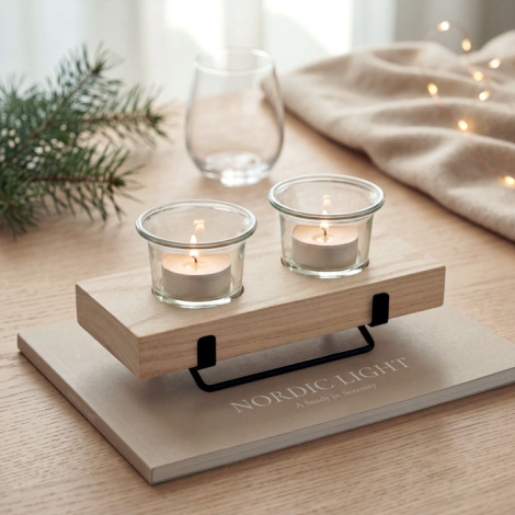 Le porte-bougies est mis en scène sur un livre, avec les deux bougies allumées dans leurs coupelles en verre, à côté d’un verre,