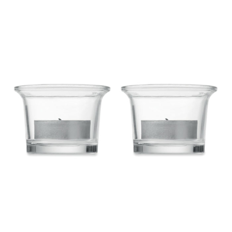 Les deux coupelles en verre transparent sont présentées séparément, chacune contenant une bougie chauffe-plat dans son support m
