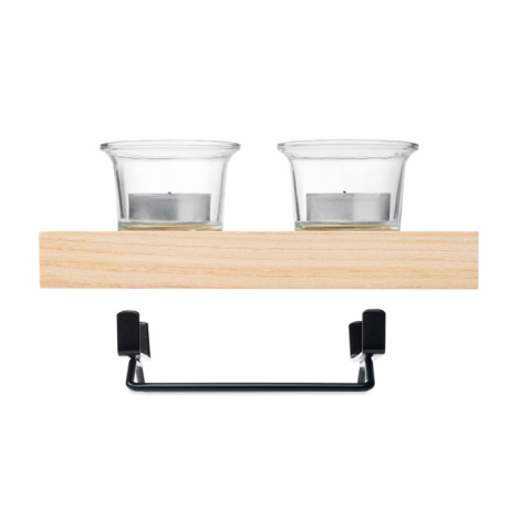 Vue de face du porte-bougies démonté partiellement, montrant le socle en bois avec les deux coupelles en verre au-dessus et le s