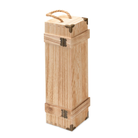Le coffret est présenté sur sa face opposée, montrant les charnières métalliques, la poignée en corde et les renforts en bois qu