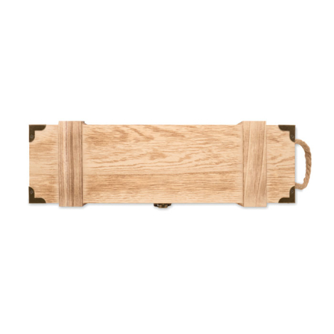 Vue de dessus du coffret fermé, montrant la grande surface rectangulaire du couvercle, les deux traverses en bois et les protect