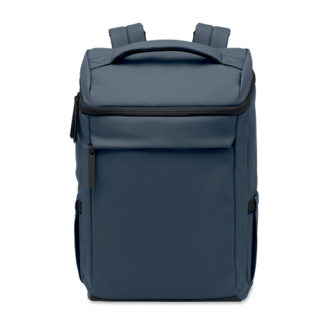 Sac à dos bleu vu de face, montrant sa forme rectangulaire, la poignée supérieure, les deux bretelles qui dépassent à l’arrière 