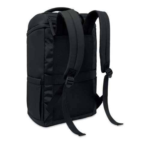 Dos du sac à dos noir avec deux bretelles rembourrées et réglables, panneau dorsal en maille, poignée supérieure et passant hori
