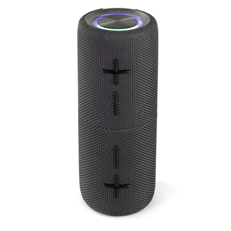 Enceinte cylindrique noire avec éclairage supérieur.