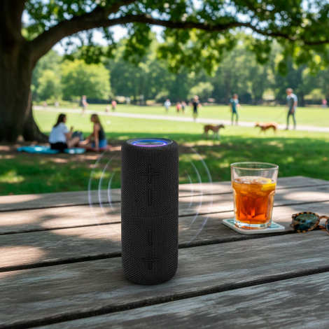 Enceinte sur une table de pique-nique.