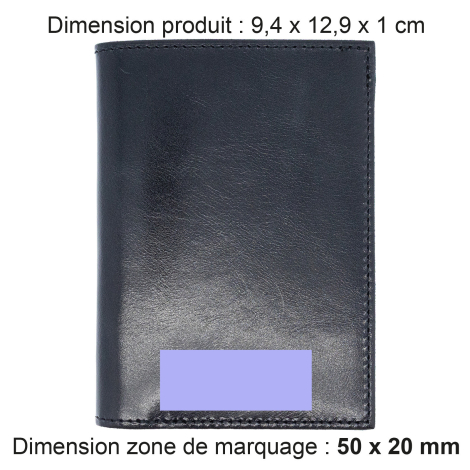 Portefeuille avec dimensions et zone de marquage.