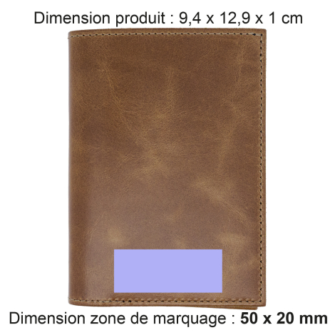 Portefeuille avec dimensions et zone de marquage.