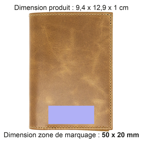 Portefeuille avec dimensions et zone de marquage.